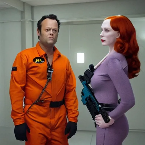 Image similar to vince vaughn as jack fenton, he is wearing an orange coveralls bodysuit with a big sci - fi gun belt, and christina hendricks as maddie fenton, she is wearing a tight teal coveralls bodysuit with a big sci - fi gun belt, movie photo, spooky netflix still shot, they are looking for ghosts