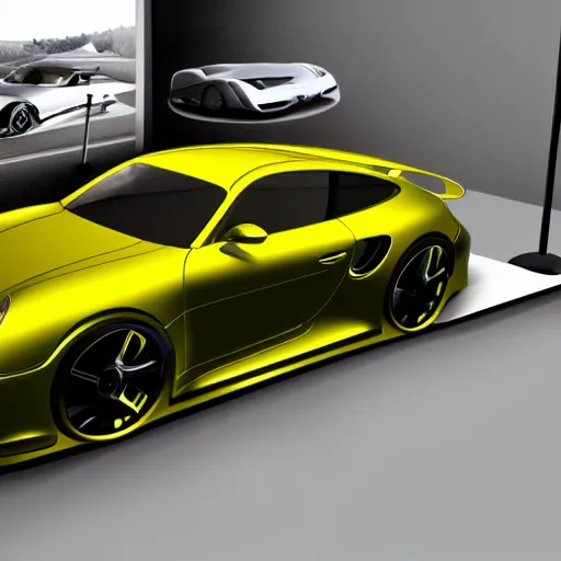 Image similar to car showroom, full image, concept for a german muscle car inspired by a Porsche 911 Turbo S