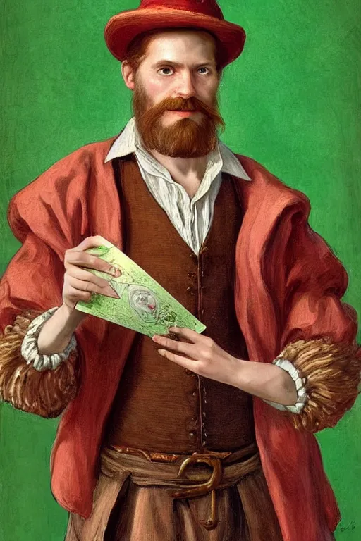 Prompt: intricate beautiful medium - shot, the card player man with short trimmed reddish beard ( ( ( no mustache ) ) ), blonde reddish hair, in green and pink clothes of 1 7 th century playing card game, matte painting, renaissance painting, by paul sezanne by leyendecker, by artgerm, rutkowskyi