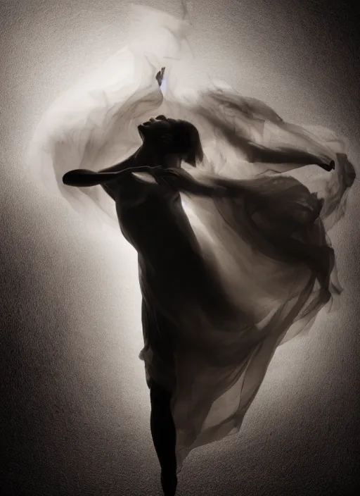 Image similar to a Photorealistic dramatic hyperrealistic render of a beautiful Female smoke dancer by Ken Brower and Deborah Ory of NYC Dance project,Lois Greenfield,Flowing cloth and smoke,Beautiful dynamic dramatic dark moody lighting,volumetric,shadows,cinematic atmosphere,Octane render,8K