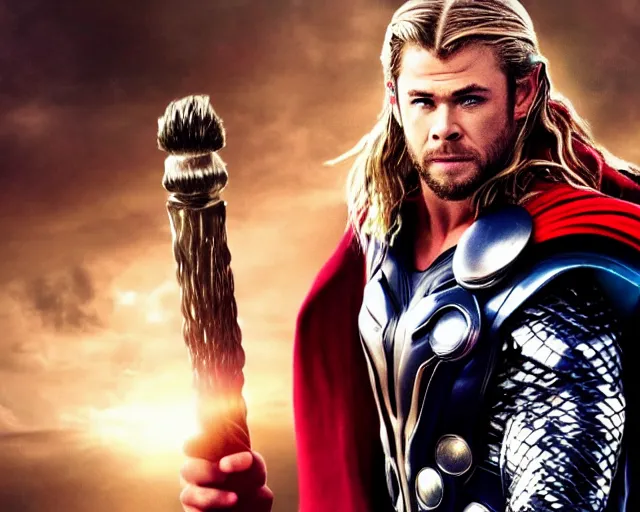 Prompt: Chris Hemsworth as thor wearing drag queen makeup, gay parade background, cinematic shot, 8k resolution, hyper detailed