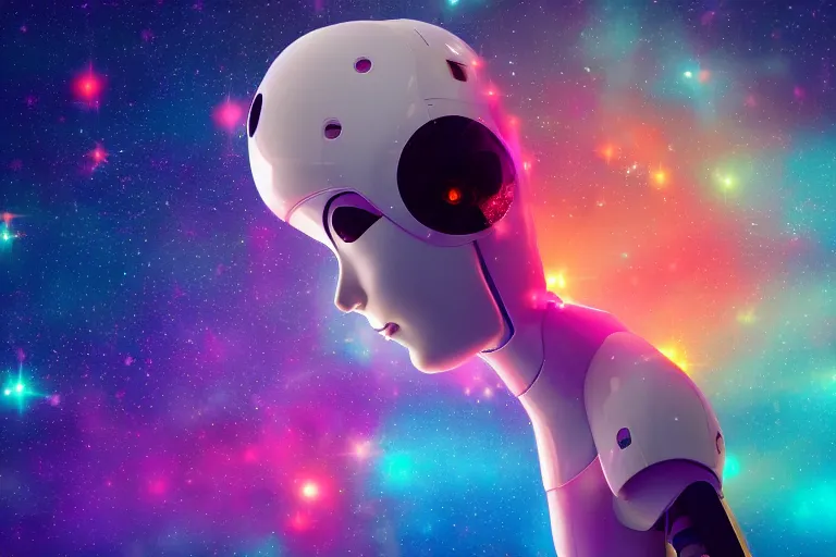Image similar to a beautiful calm robot girl looking up to the stars, photograph, colorful background, render, 3 d, render, 8 k, 4 d,