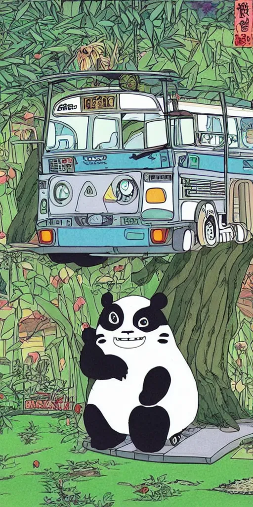 Image similar to a panda bus in like totoro, 1990s anime, full color, tarot card the chariot, highly detailed ,