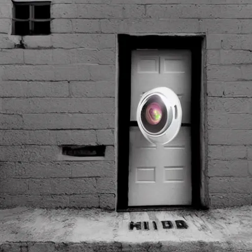 Prompt: An alien rings the door bell, fisheye camera, High quality, detailed