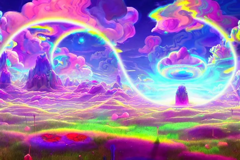 Image similar to a psychedelic realm with rolling plains made out of clouds, and giant portals scattered throughout that lead into the multiverse, in the style of wlop and lisa frank, illustration, epic, fantasy, hyper detailed, smooth, unreal engine, sharp focus, ray tracing