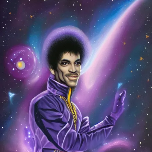 Image similar to a cosmic painting of prince in space. trending on artstation.