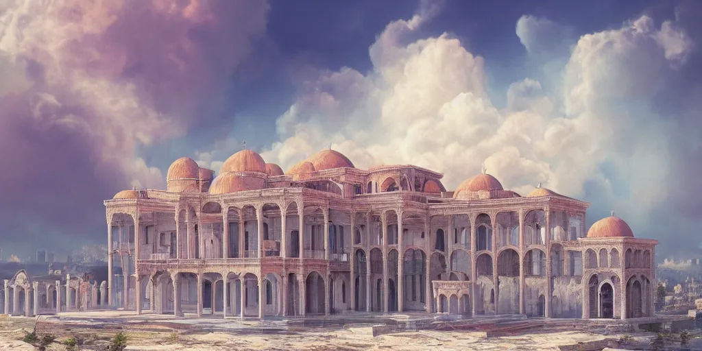 Prompt: beautiful digital illustration of a Byzantine palace in the clouds, surrounded by fluffy cotton candy clouds, pastel color scheme, establishing shot, cinematic, architecture, concept art, deviantArt, artsation, artstation HQ, HD, 16k resolution, smooth, sharp detail, amazing depth, octane, finalRender, Unreal Engine