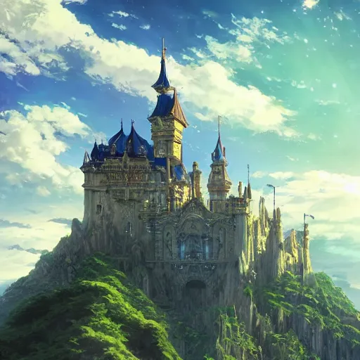 Prompt: An imposing and highly ornamented fantasy castle, Carved from Sapphire stone, Atmosphere, Dramatic lighting, Beautiful Landscape, Epic composition, Wide angle, by Makoto Shinkai