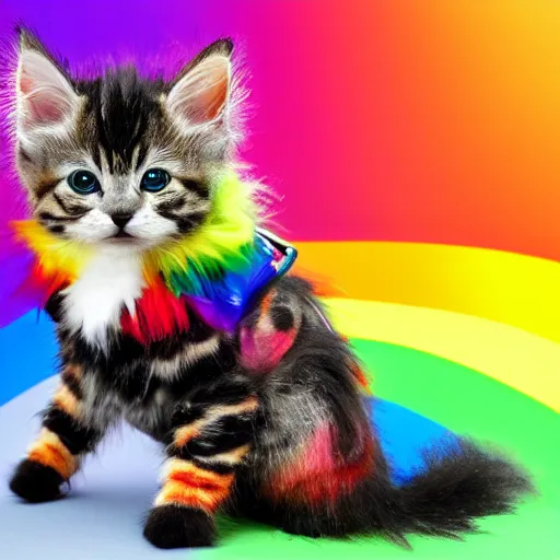 Image similar to wide angle full body, jacket wearing fluffy cute rainbow kitten wearing a black leather motorcycle jacket, concept art