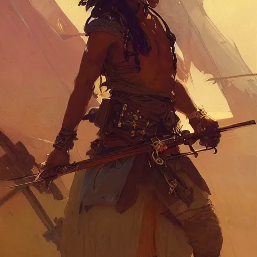 Image similar to a pirate warrior getting ready to battle, highly detailed, digital painting, artstation, concept art, sharp focus, illustration, art by greg rutkowski and alphonse mucha