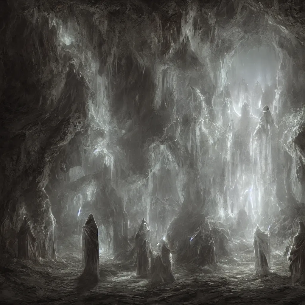 Prompt: high drama, distant hooded figures, hdr, glowing luminescent invocations, diffuse magic catacombs, movie still, intricate highly detailed mystical prisms, fully photorealistic, artstation, beautiful concept art, smoothened, sharp luminescent focus, nd 6, sony fx 6