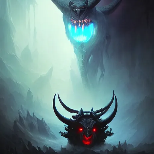 Image similar to demonic dark smiling creature with blue eyes and horns full blacked made by ivan aivazovsky, peter mohrbacher, greg rutkowski volumetric light effect broad light oil painting painting fantasy art style sci - fi art style realism premium prints available artwork unreal engine