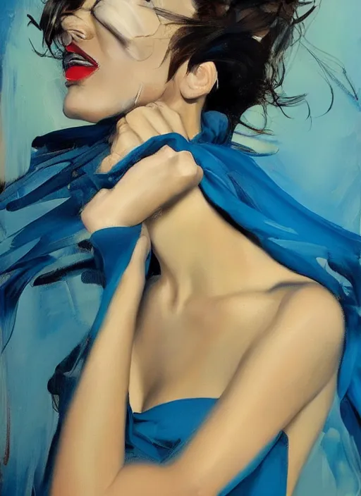 Image similar to fashion model in blue dress, painting by phil hale, fransico goya,'action lines '!!!, graphic style, visible brushstrokes, motion blur, blurry, visible paint texture, crisp hd image