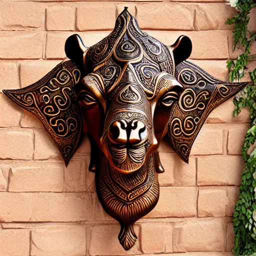 Image similar to gorgeous ornated bronze realistic detailed sacred camel wall decoration with filigree, arabic calligraphy