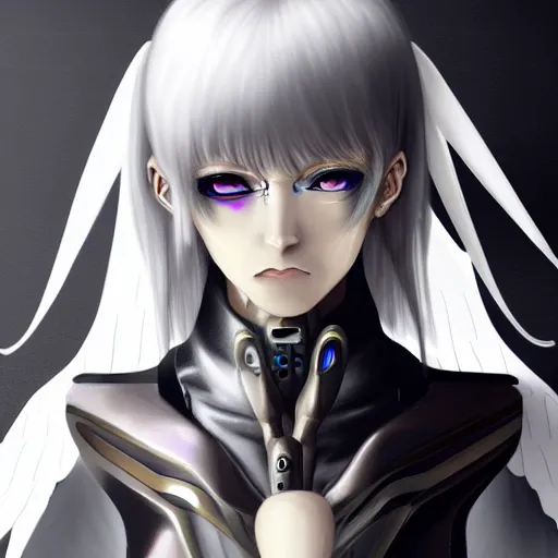 Image similar to small female cyborg - angel with large angelic wings, left eye gold and right eye silver, cyberpunk - anime character - concept art