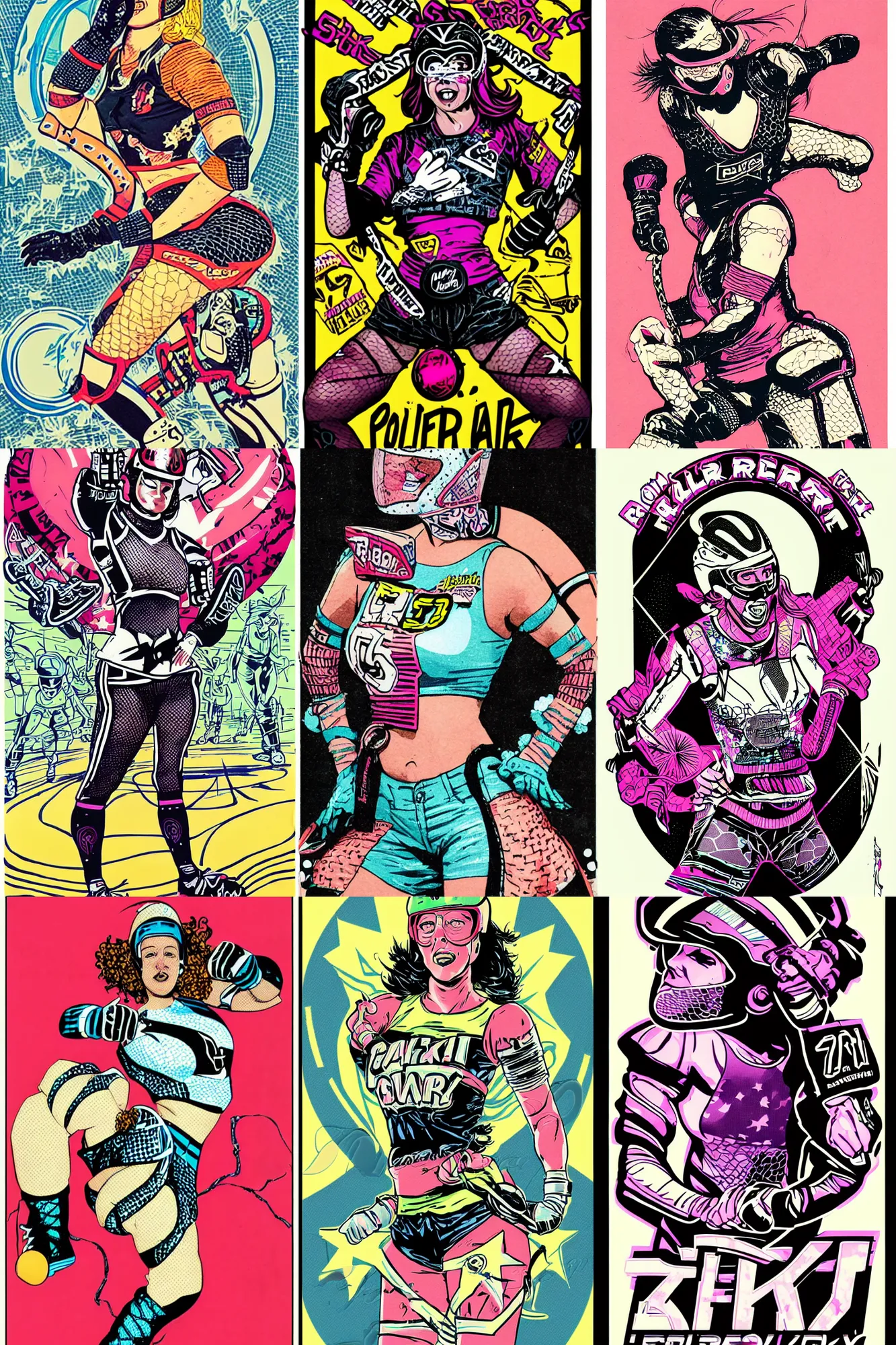 Prompt: roller derby girl portrait, logo, wearing skating helmet, wearing torn fishnet tights, showing victory, Philippe Caza, 2 colour print
