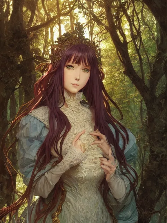 Image similar to anime key visual of amora the enchantress wearing a medieval gown!! intricate, magical forest, stunning, highly detailed, digital painting, artstation, smooth, hard focus, illustration, art by artgerm and greg rutkowski and alphonse mucha