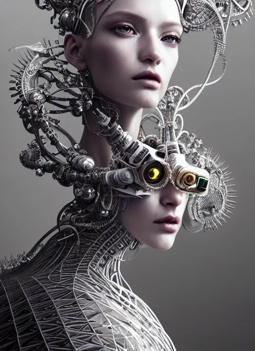 Image similar to portrait of an absurdly beautiful, graceful, sophisticated, fashionable cyberpunk mechanoid, hyperdetailed illustration by irakli nadar and vania zouravliov, matt wisniewski style, intricate linework, white porcelain skin, faberge headdress, agate spikes, unreal engine 5 highly rendered, global illumination, radiant light, detailed and intricate environment