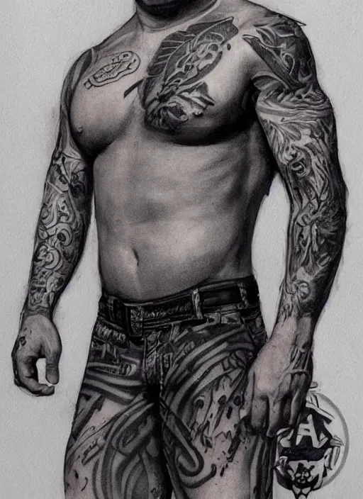 Prompt: photorealistic Portrait of frontal standing pose torso ofa more muscular version of Jax Teller, heavily tattoed. All his skin is covered by SAMCROW tattooes . Intricate, concept art, magic lighting overlays, magical portal opened, D&D!, fantasy style, sharp focus!, ultra detailed, art by Artgerm and Peter Andrew Jones, WLUP, Magali Villeneuve