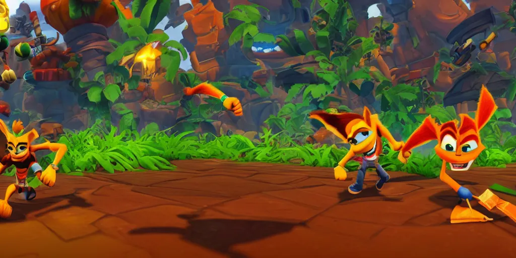 Prompt: crash bandicoot in the style of ratchet and clank rift apart game screenshot