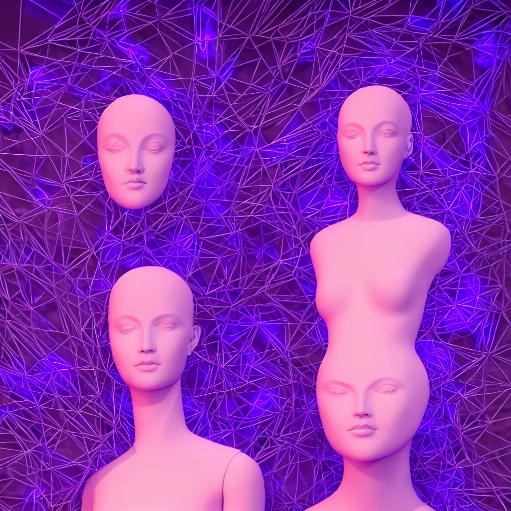 Image similar to beautiful mannequin sculpted out of amethyst by billelis + lit with 3 d geometric neon + facing a doorway opening with neon pink geometric fractal light + flowering hosta plants!!!, moon in background!, rule of thirds, clean linework, dramatic, award winning, 4 k, trending on artstation, photorealistic, volumetric lighting, octane render