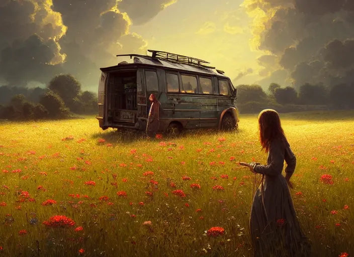 Image similar to detailed intricate digital illustration by greg rutkowski and and wlop and sanford robinson gifford ; conversion van, beautiful meadow with colorful flowers and puffy clouds in background ; 1 3 mm film, arri alfa anamorphic lens ; sharp focus, golden hour lighting, trending on artstation 4 k ; close view