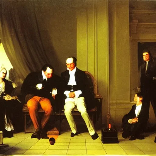 Prompt: an experiment on a bird in the air pump painting by joseph wright with richard nixon, hunter thompson, and bill murray