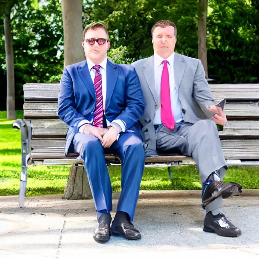 Image similar to two clean - shaven chubby white men in suits and neckties sitting on a park bench, holding manila folders.
