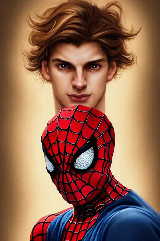 Image similar to portrait of a young spiderman handsome but joyful anthropomorphic parrot, male, masculine, upper body, red hair, long hair, d & d, fantasy, fierce, sharp features, intricate, elegant, highly detailed, digital painting, artstation, concept art, matte, sharp focus, illustration, art by artgerm and greg rutkowski and alphonse mucha