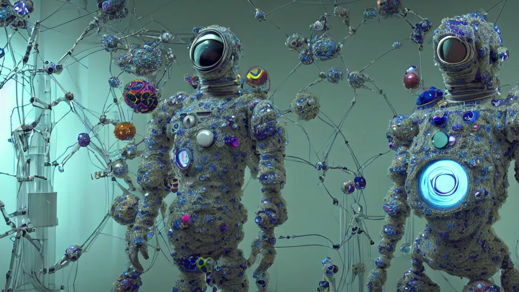 Image similar to a cybernetic symbiosis of a single astronaut mech-organic eva suit made of pearlescent wearing knitted shiny ceramic multi colored yarn thread infected with diamond 3d fractal lace iridescent bubble 3d skin dotted covered with orb stalks of insectoid compound eye camera lenses floats through the living room, film still from the movie directed by Denis Villeneuve with art direction by Salvador Dalí, wide lens,kevlar,carbon fiber,ceramics,gaseous materials,