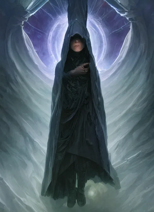Prompt: dark hooded wraith, standing in front of hyper dimension portal into another realm, epic surrealism 8k oil painting, DeviantArt, concept art, smooth, sharp focus, illustration, fine art by artgerm, greg rutkowski, alphonse mucha