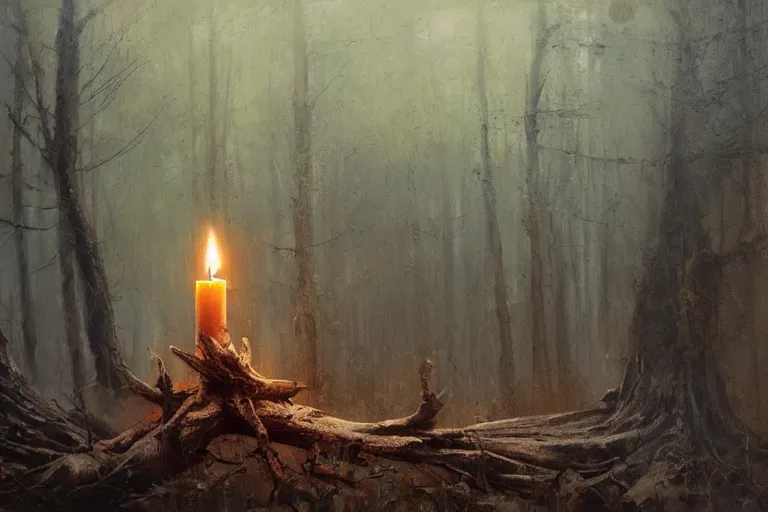 Image similar to matte painting of a lit candle in a dead stump of a tree, by jeremy mann and greg rutkowski, intricate cinematic light, oil on canvas