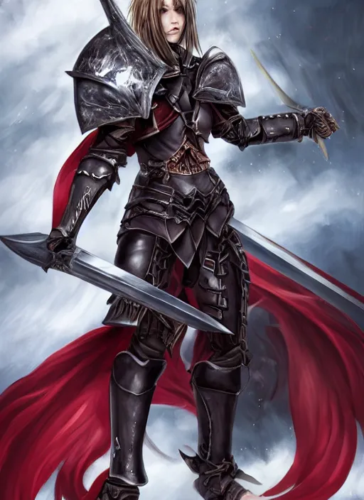 Prompt: full - body portrait, female vampire knight holding a large greatsword, lean and muscular, flying, roman gladiator sandals, heavy plate armor, historical armor, metal mask, enchanting, elegant, seductive smile, ghostblade, wlop, modern fantasy, realistic proportions.
