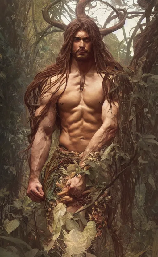 Image similar to God of the forest, male, long hair, gorgeous, amazing, muscular, intricate, highly detailed, digital painting, artstation, concept art, sharp focus, illustration, art by greg rutkowski and alphonse mucha