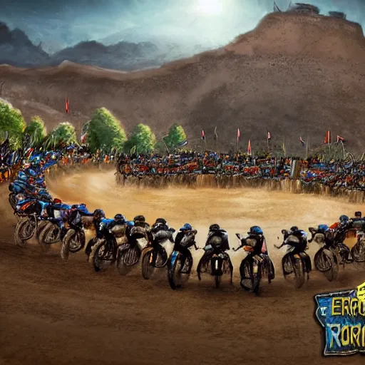 Image similar to erzberg rodeo off road motorcycle race in a 7 circles of hell by dante, game art, super detailed, 5 riders on a picture are going uphill