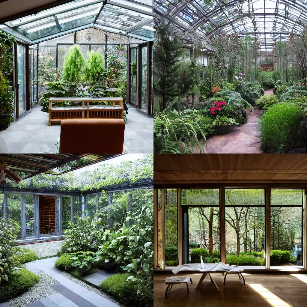 Prompt: Interior view of a residential winter garden