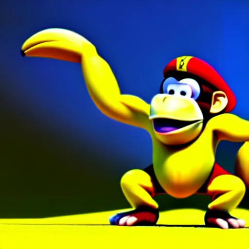 Image similar to Donkey Kong stepping on a banana. The banana is on the ground, Donkey Kong is above the banana. 3D render