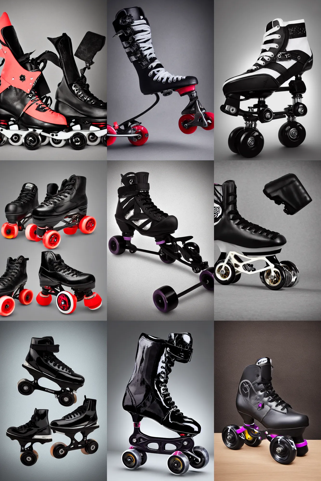 Prompt: roller derby quad skates, goth design, dynamic angle, studio photograph and lighting