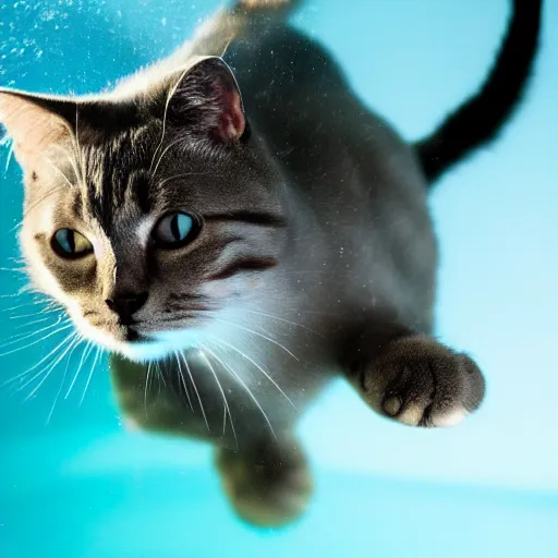 Prompt: a cat with long light gray fur underwater trying to swim upwards, bubbles, sunbeams, anime, dramatic lighting