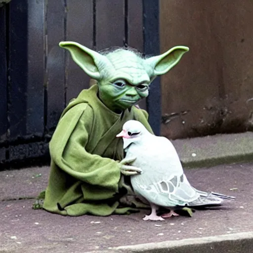 Image similar to yoda eating a pigeon