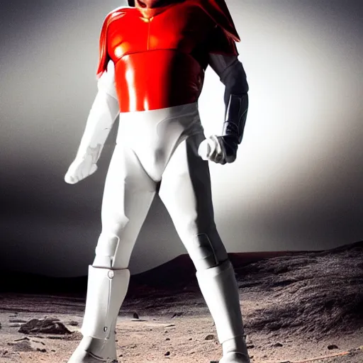 Image similar to portrait of a tall athletic muscular infantry man in glossy sleek white armor with tiny red details and a long red cape, heroic posture, on the surface of mars, night time, dramatic lighting, cinematic, sci-fi, hyperrealistic, movie still