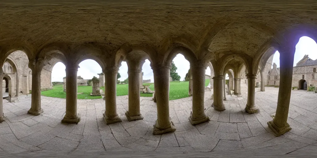 Prompt: high quality 3 6 0 ° image in equirectangular projection of a cloister of a cistercian monastery