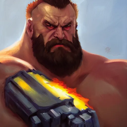 Image similar to greg manchess portrait painting of partially armored zangief from street fighter spitting fire as overwatch character, medium shot, asymmetrical, profile picture, organic painting, sunny day, matte painting, bold shapes, hard edges, street art, trending on artstation, by huang guangjian and gil elvgren and gerald brom