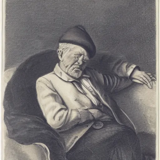 Image similar to a middle - aged man on a sofa, wearing a victorian sleeping cap, looking drowsy