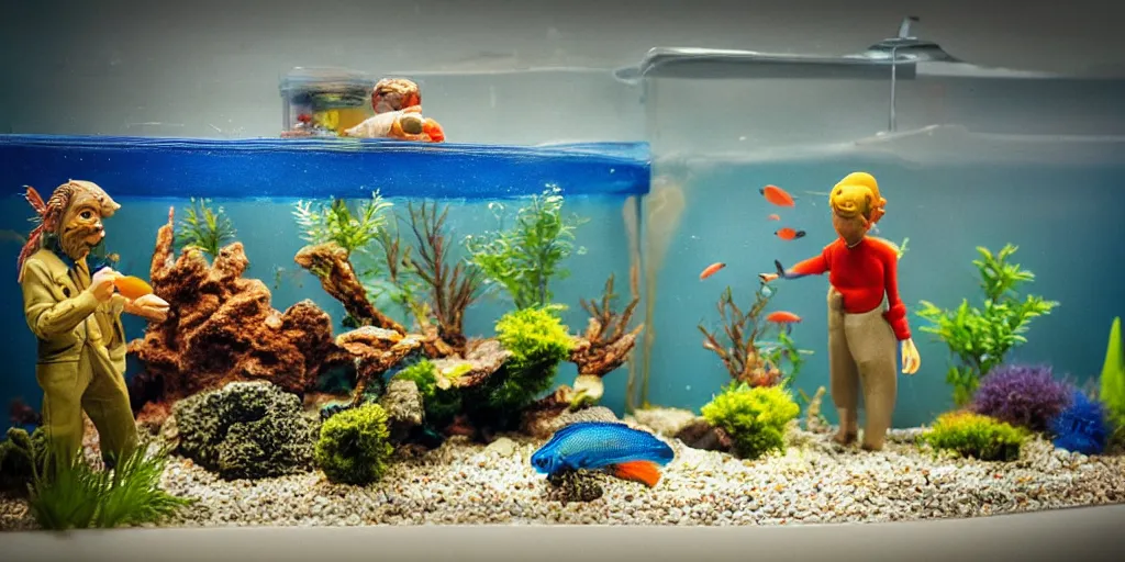 Prompt: fish tank in hospital waiting room. hands in tank. plasticine model of newt. figures clay. weird. surreal. fish tank strange. bubbles. tilt shift. tank. fighting fish. aquatic photography. photorealistic.