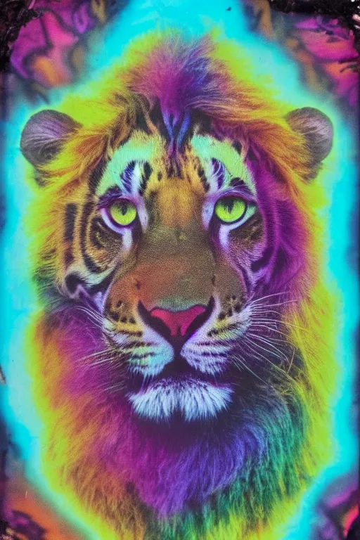 Prompt: damaged lisa frank daguerreotype, muted colours, detailed psychedelic gothic feline portrait of lion headed demonic chaos god in the service of Slaanesh , tiger stripes, leopard spots