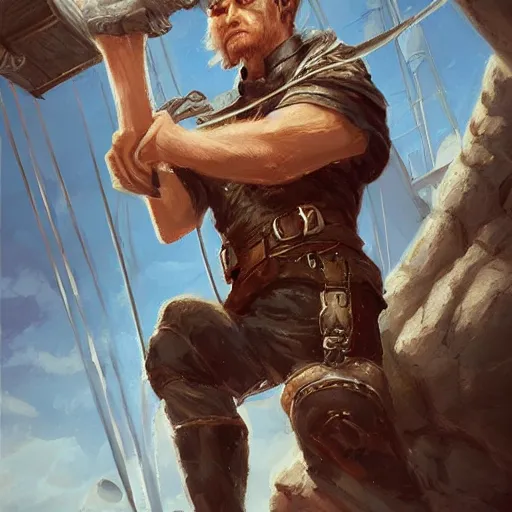 Prompt: plucky charming white male rogue climbing ship ladder, naval background, fantasy, D&D 5e, 5th edition, portrait, piercing stare, highly detailed, digital painting, HD, artstation, concept art, matte, sharp focus, illustration, art by artgerm and greg rutkowski