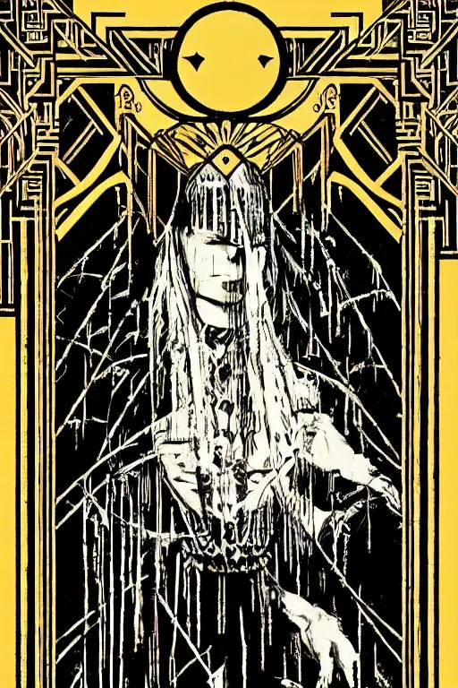 Image similar to a horror tarot card design with intricate details :: like the great gatsby