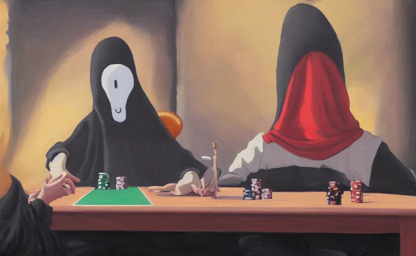 Image similar to no face from spirited away playing poker, oil painting