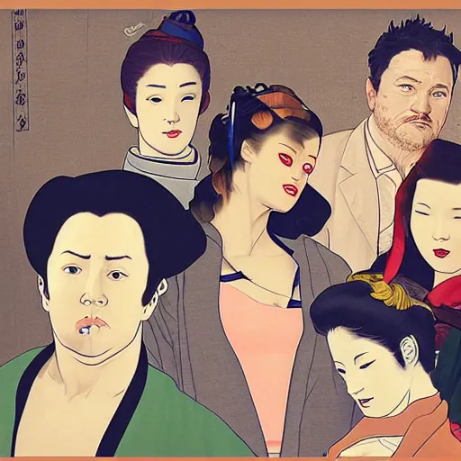 Prompt: cast of firefly, digital art, utamaro kitagawa mixed with banksy style